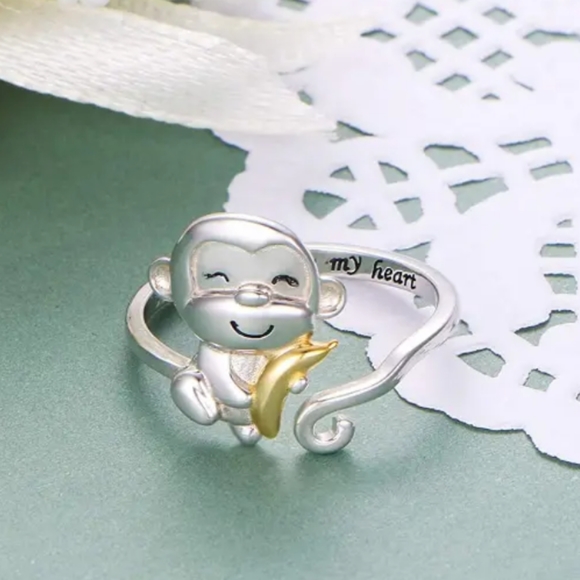 925 Sterling Silver Monkey Adjustable Opening Ring With Always In My Heart - Picture 3 of 5
